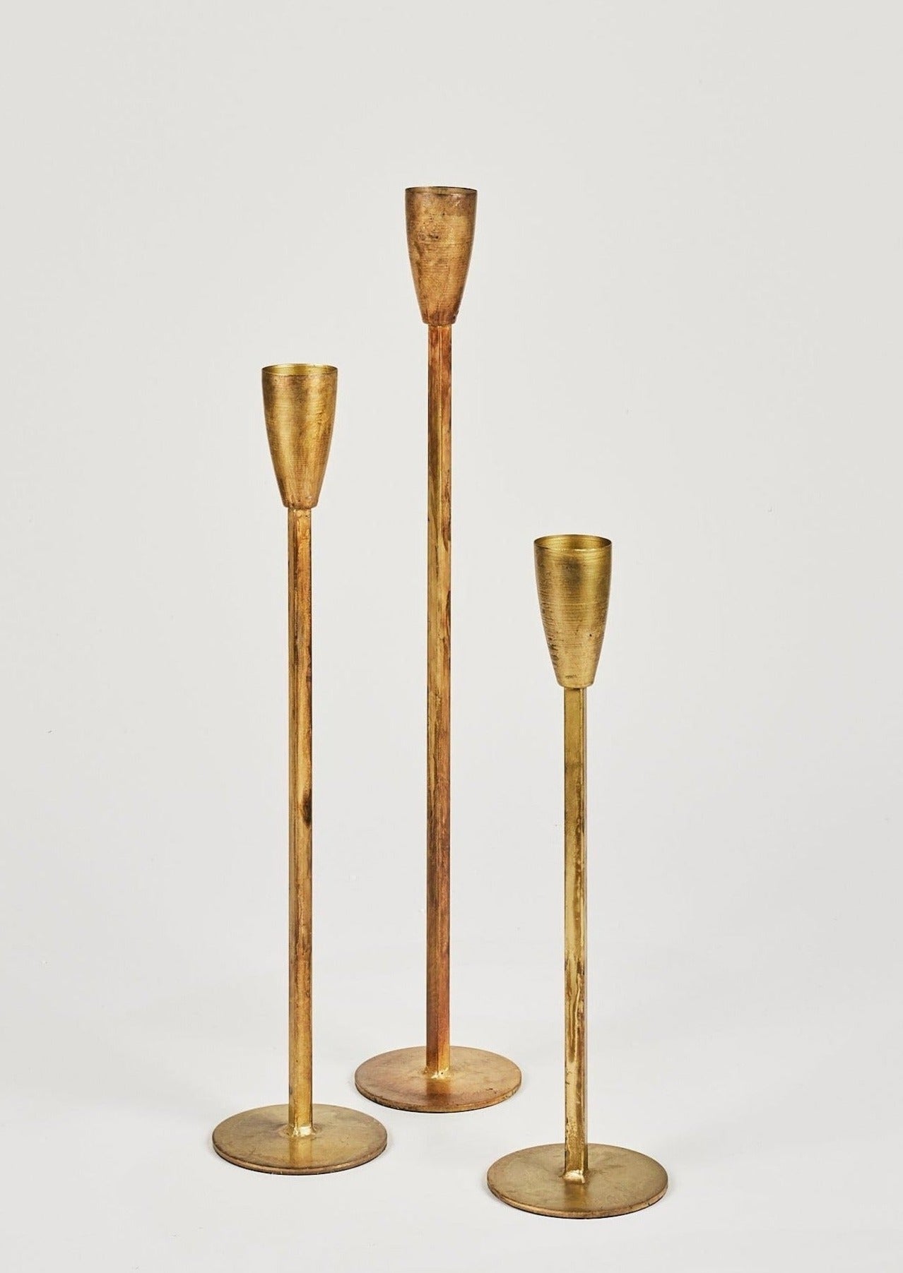 Set 3 Antique Gold Taper Candle Holders for Tabletop Styling