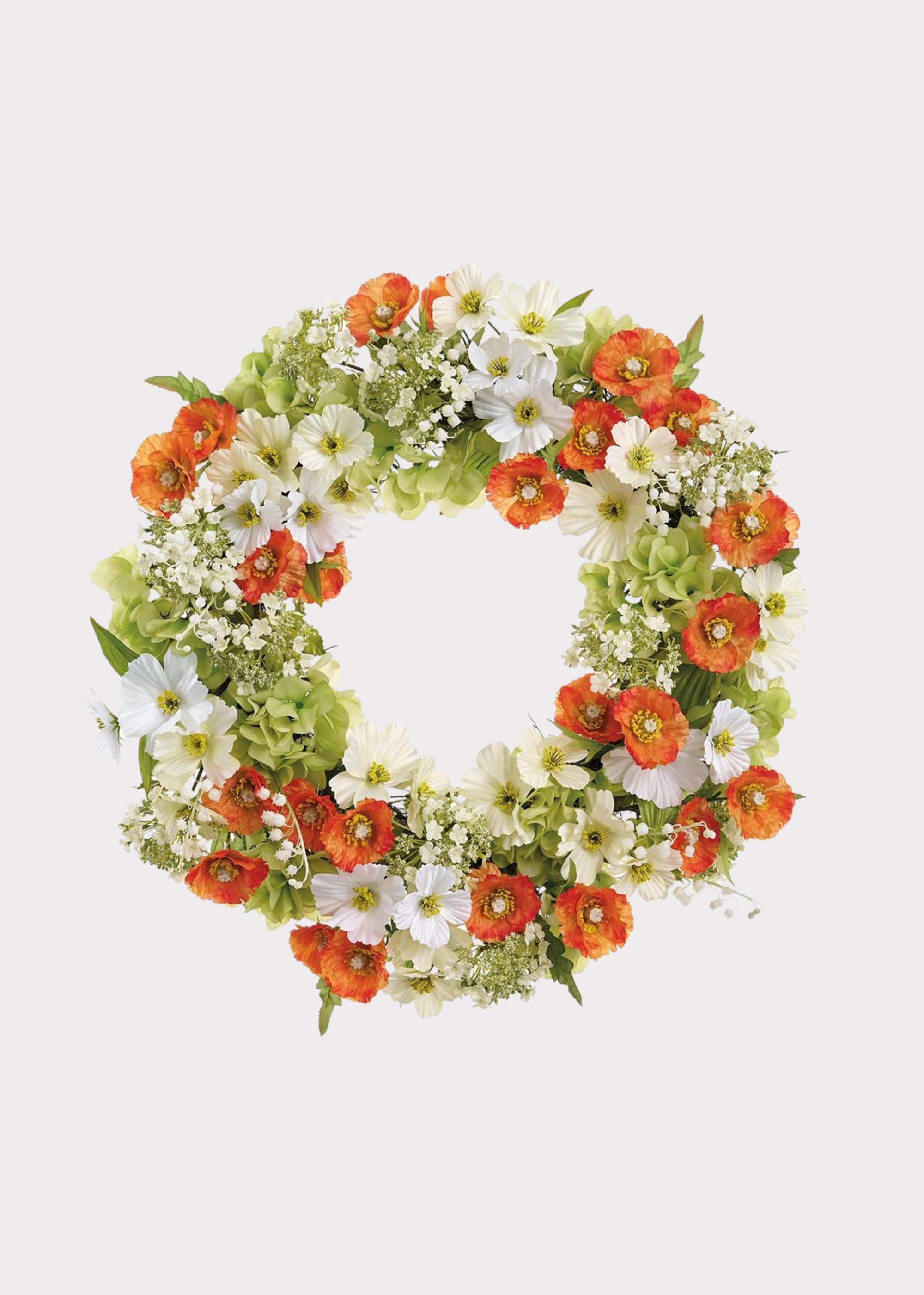 White Faux Hydrangea, Poppy Wreath for Door and Wall Decor