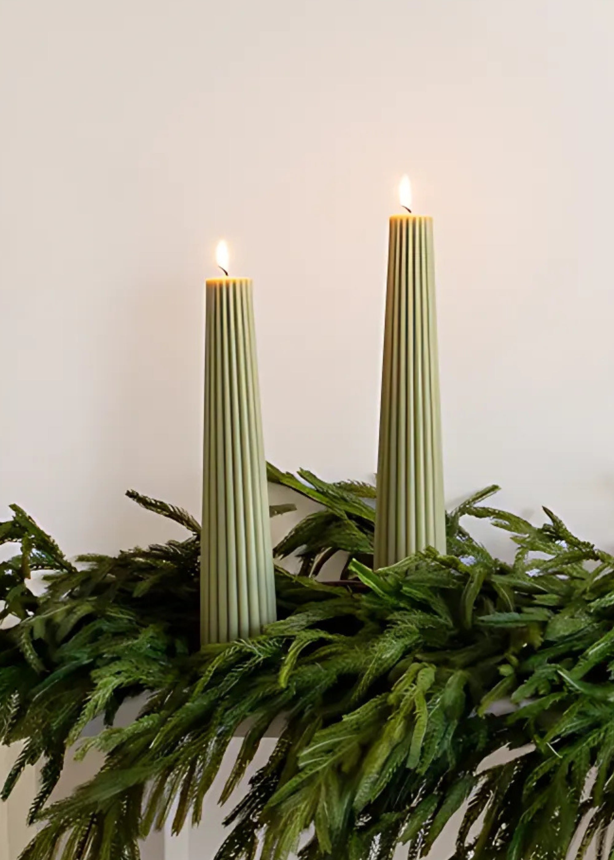 Green Tall Natural Beeswax Fluted Pillar Candle Sage for Tabletop Styling