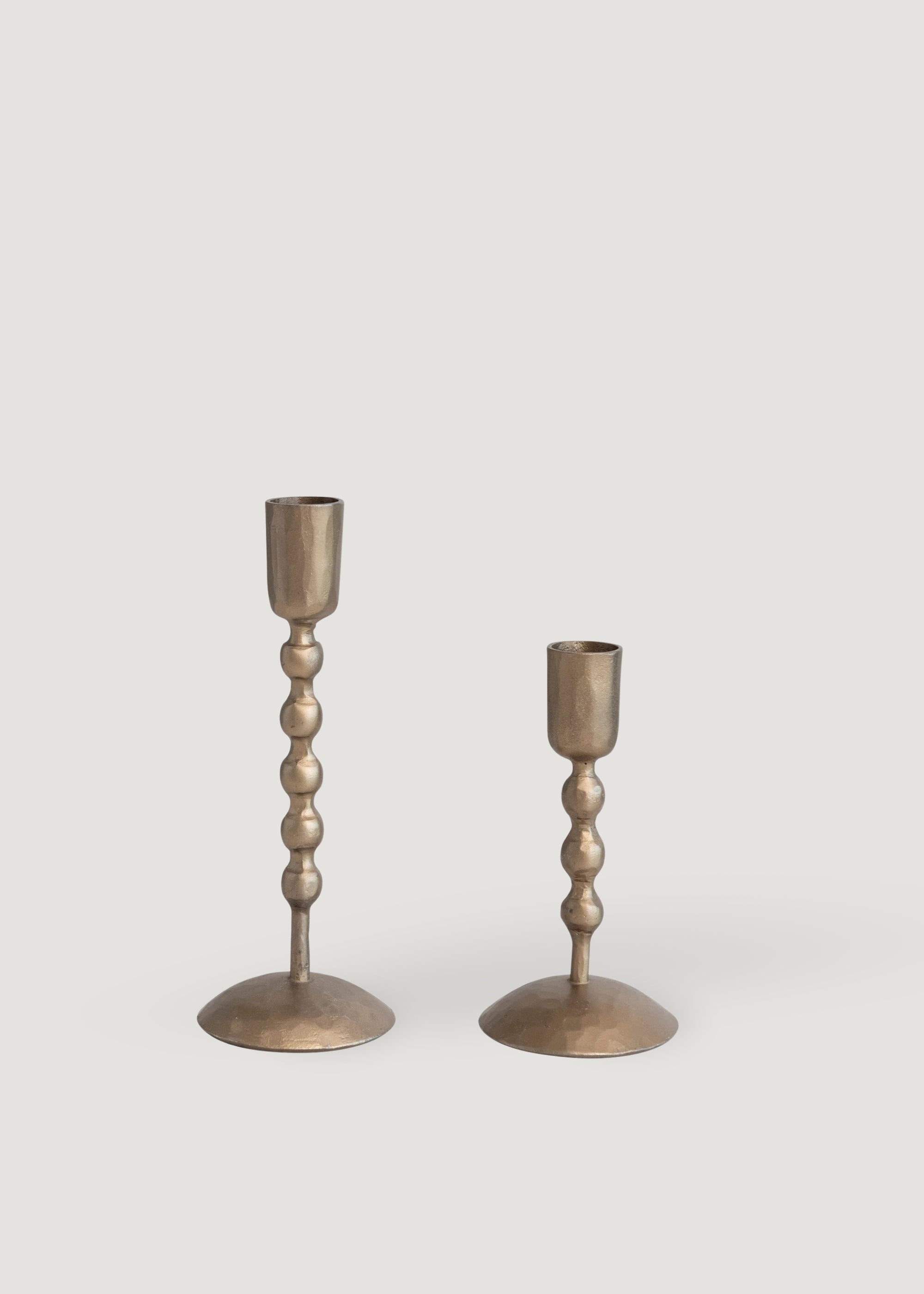 Set 2 Antique Brass Metal Taper Candle Holders for Tabletop Styling