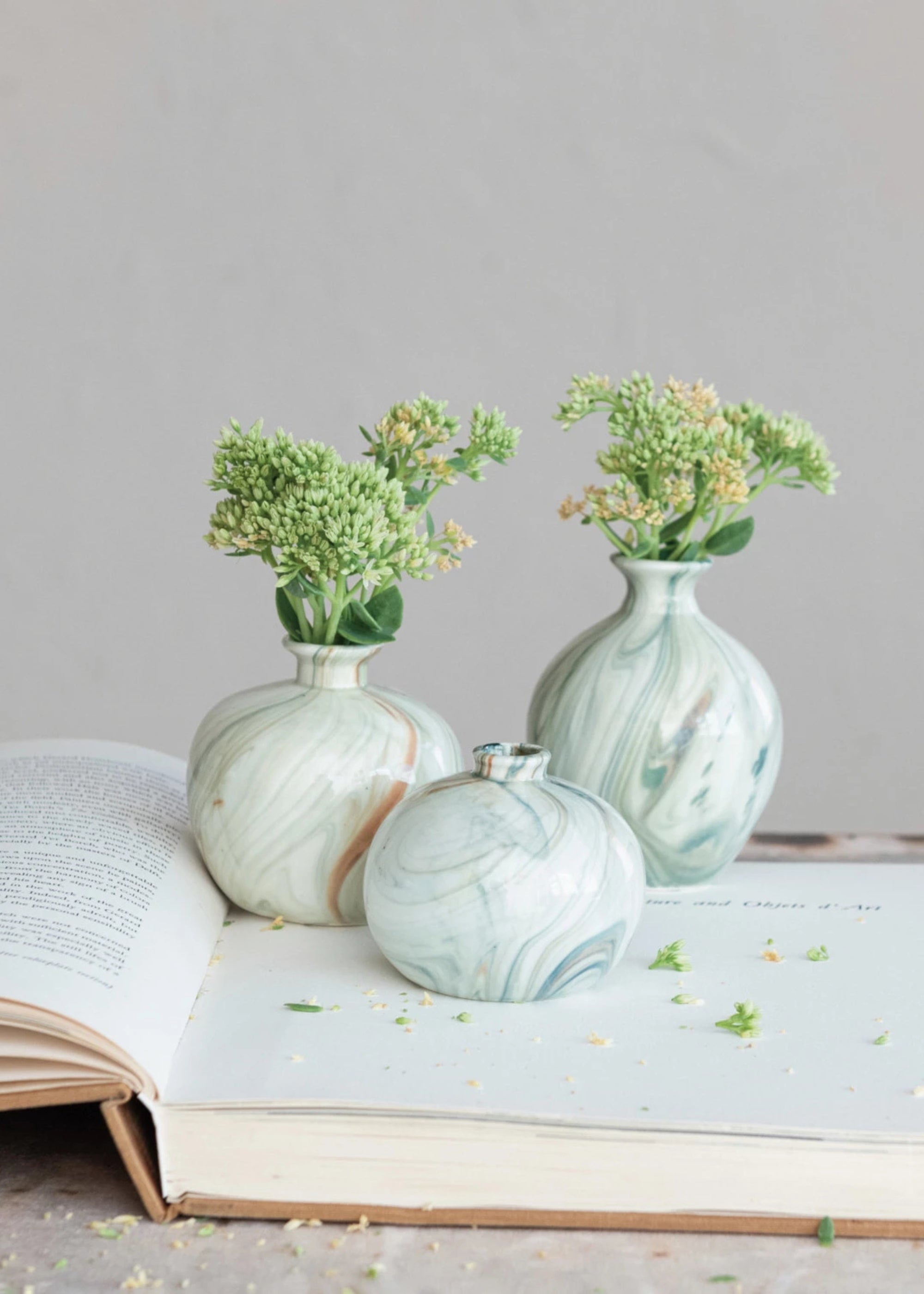 Small Set 3 Marbled Stoneware Glazed Bud Vases for Floral Styling