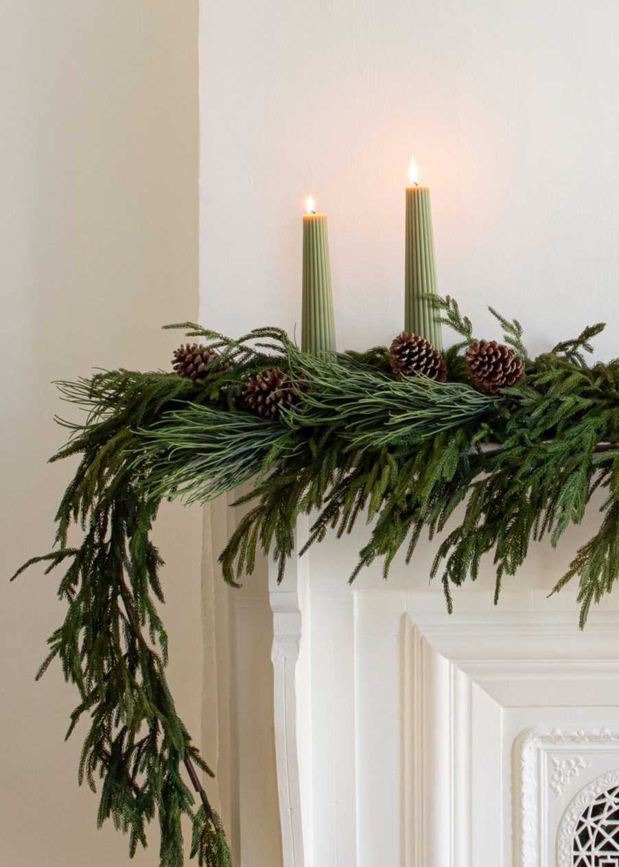 Green Tall Natural Beeswax Fluted Pillar Candle Sage for Tabletop Styling
